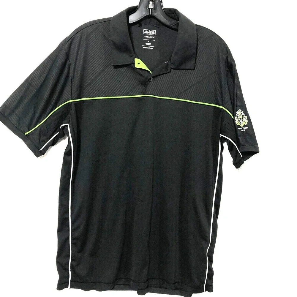 Adidas Golf Polo Shirt Mens Medium Black Green Florescent Striped Climalite‎